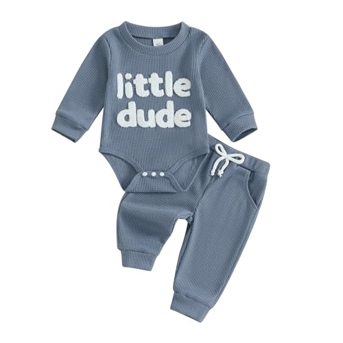 Image of Douhoow Baby Boy Clothes Letters Embroidered Baby Sweatshirt Romper Waffle Pants Set Infant Boy Fall Winter Outfits