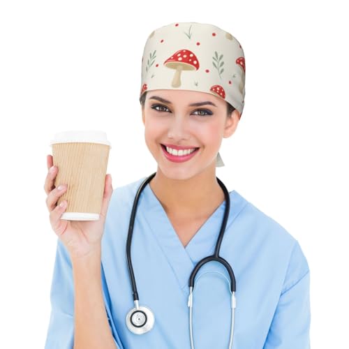 Flat Mushrooms for Women Scrub Caps Adjustable Working Cap Sweatband Tie Back Bouffant Hat -2