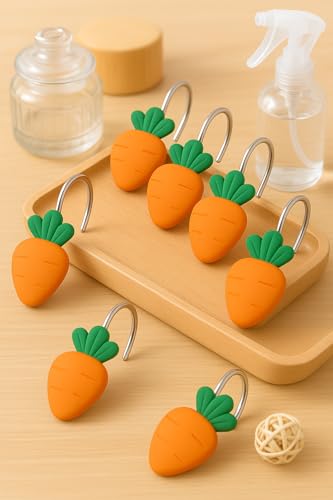 Image of 12‑Pack Resin Carrot Shower Curtain Hooks - Cute Orange & Green Carrot-Shaped Curtain Rings for Bathroom, Kitchen & Nursery Decor