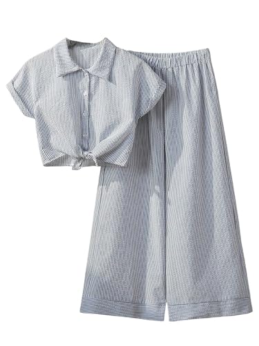 OYOANGLE Girl's Striped Two Piece Sets Short Sleeve Button Down