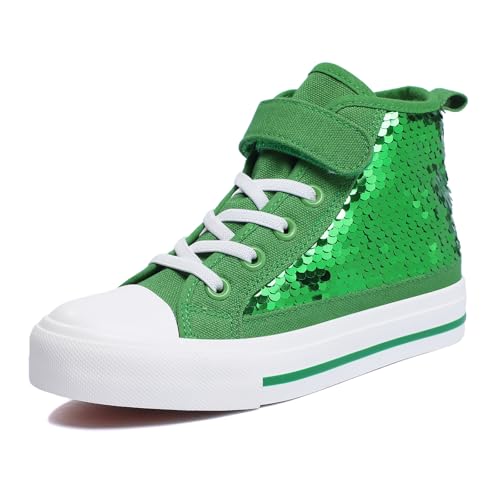 Zoroadke Girls High Top Glitter Sequins Canvas Sneakers Little Kids Boys Hook and Loop Slip On Casual Sport Shoes Size 2 Green