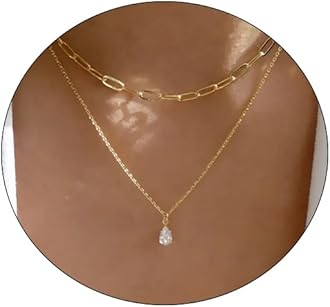 Gold Necklace for Women Dainty Diamond Rhinestone 14K Gold Plated Layered Cubic Zirconia Necklaces Paperclip Chain Set Trendy Waterdrop CZ Solitaire Pendant Choker Aesthetic Jewelry Gifts