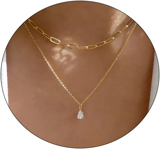 Gold Necklace for Women Dainty Diamond Rhinestone 14K Gold Plated Layered Cubic Zirconia Necklaces Paperclip Chain Set Trendy Waterdrop CZ Solitaire Pendant Choker Aesthetic Jewelry Gifts