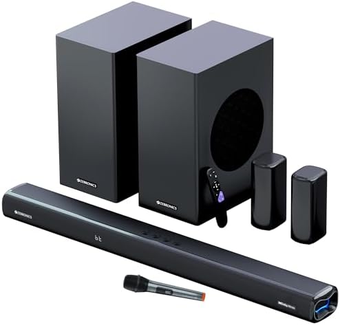 ZEBRONICS Juke BAR 9850 5.2.4 CH Soundbar, 725 Watts, Dolby Atmos, HDMI eARC, Optical, Dual Wireless (Subwoofer + Satellites), Wireless UHF Microphone, RGB LED, Powerful Bass