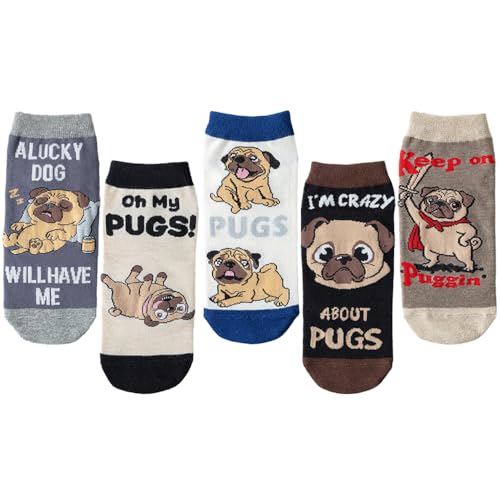 WIASLTS 5 Pairs Novelty Cartoon Pattern Cotton Ankle Socks for Women & Teens (US Alpha One Size Regular Regular Pug Pattern)