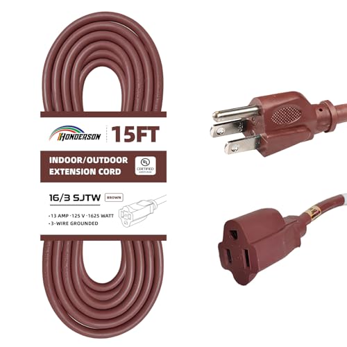 HONDERSON 15FT Brown Outdoor Extension Cord-16/3 SJTW Durable Extension Cord for Christmas Lights with 3 Prong Grounded Plug Great for Outside Christmas Decorations