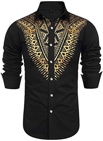 Daupanzees Mens African Metallic Print Dashiki Shirt Slim Fit Long Sleeve Dress Shirts Button Down Shirts