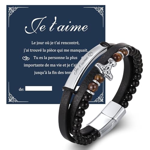 Gamtic Cadeau Papa Fête de Pères - Bracelet Papa Gourmette Homme Figaro Argent, Bracelet Cuir Personnalisé Nom Texte Message,Viking Bracelets Pierre Naturelles,...