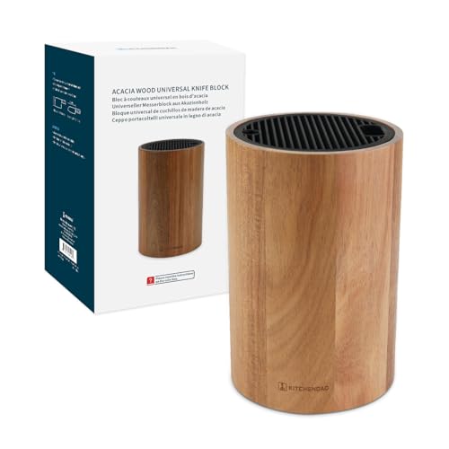 Image of KITCHENDAO Universal Knife Block Without Knives, Acacia Wood Knife Holder, Space-Saving Round Knife Storage Organizer for Countertop, with Slots for Scissors and Sharpening Rod