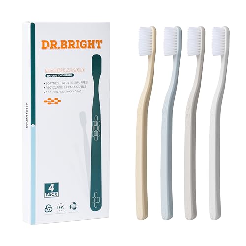 DR.BRIGHT Natural Eco-Friendly Toothbrush Biodegradable Toothbrush Recyclable Toothbrushes Green & Compostable Individual Packaging Tooth Brush 4 Pack