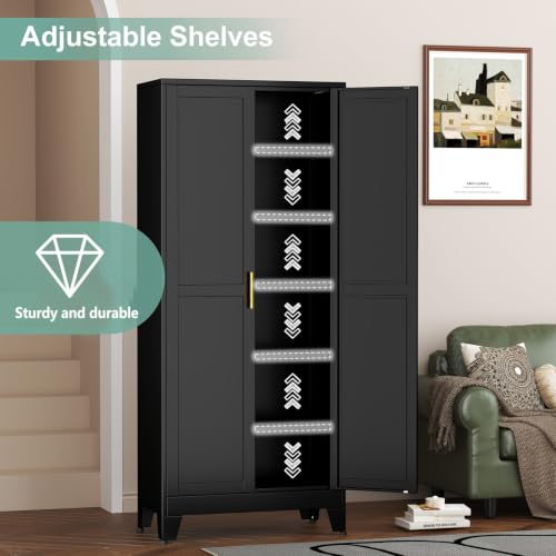 Image of Metal Pantry Cabinet with 2 Doors and 5 Adjustable Shelves, 75 inchKitchen Storage cabinets with Gold Handles, Versatile Storage for Laundry Room, Living Room, Bathroom, Dinning Room, Utility Room-Black