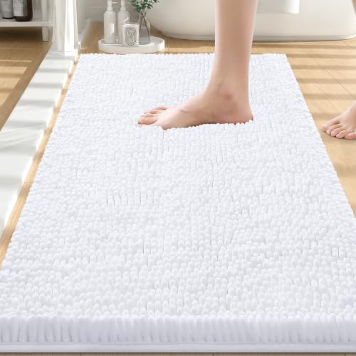 Image of Smiry Luxury Chenille Bathroom Rugs 30x20, Extra Soft and Absorbent Shaggy Bath Mat, Machine Washable, Non-Slip Plush Carpet Runner for Tub, Shower, and Floor, Home Decor Accessories, White