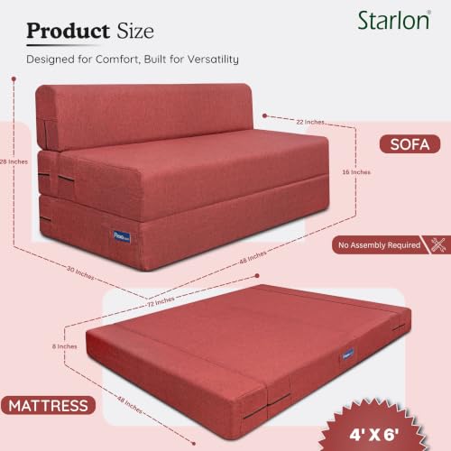 Image of Starlon 2 Seater Foldable Sofa Cum Bed 3-in-1 with Washable Jute Fabric Cover, Space Saving Guest Bed for Living Room & Apartment, Pre-Assembled Royal Maroon 4x6 Ft