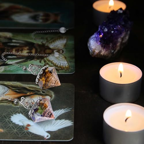 VadiForest 7 Chakra Healing Crystal Dowsing Pendulum Reiki Tree of Life 6 Faceted Pointed Orgonite Pendulum Scrying Dowser Orgone Energy Generator for Divination, Protection, Meditation, Wicca