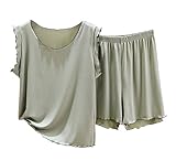 [House Yayoi] パジャマ ルームウエア 上下セット レディース 部屋着 寝巻き ハイウエスト 便利服 おしゃれ 心地よい ナイトウェア 夏用 丸首 薄手 ゆったり ノースリーブ 半袖 短パン フリーサイズ グリーン