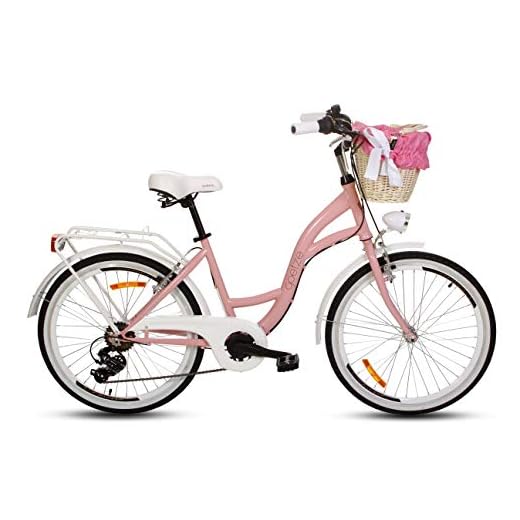 Goetze Mood - Bicicleta de ciudad retro vintage holandesa para mujer, ruedas de aluminio de 24 pulgadas, cambio Shimano de 6 velocidades, subida profunda, cesta con acolchado