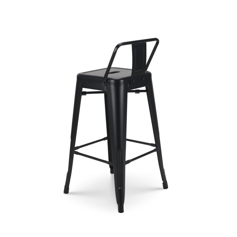 Lot de 4 tabourets de Bar en métal Noir Mat Style Industriel - avec Dossier - Hauteur 66cm