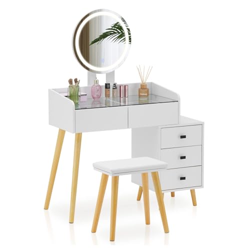 TUKAILAi Tocador con Espejo LED Luz y Taburete, Tocador de Maquillaje con 5 Cajóns, Mesa de Maquillaje con Luces LED de 3 Colores Estilo Moderno Cosmético para Dormitorio Blanco