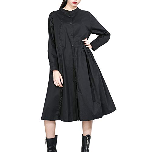 ellazhu Women Baggy Long Sleeve Black Button-Down Swing Shirtdress GY2102 Black