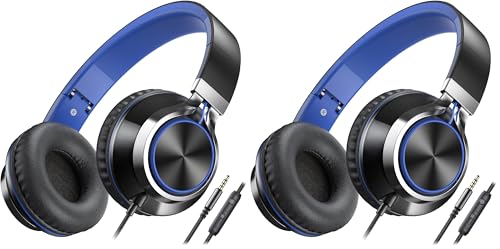 Image of AILIHEN C8 Headphones Wired, On-Ear Headphones with Microphone and Volume Control Foldable Corded Stereo 3.5mm Headset for Smartphones Chromebook Laptop Computer PC Tablets Travel(Black /Blue)
