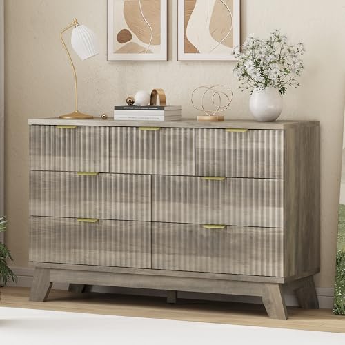 Image of Xixini Fluted Dresser for Bedroom with 7 Drawers, 48 inch Wide Modern Chest of Drawers with Metal Handle, Wood Dresser TV Stand, Wooden Closet Clothes Storage Organizer for Living Room, Hallway, Grey