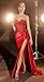 Sweetheart Lace Applique Wedding Party Dresses Long Spaghetti Straps Evening Prom Gown with Split Silk Satin Red Size 6