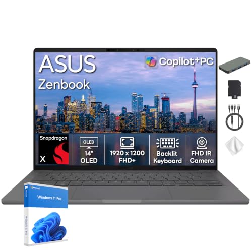 Image of ASUS Zenbook A14 14 inch FHD+ OLED Laptop, Snapdragon X X1-26-100, Adreno Graphics, 32GB RAM, 3TB Storage (2TB SSD+1TB Docking Station), Backlit Keyboard, Copilot+ PC, Wi-Fi 6E, Win 11 Pro, Iceland Gray