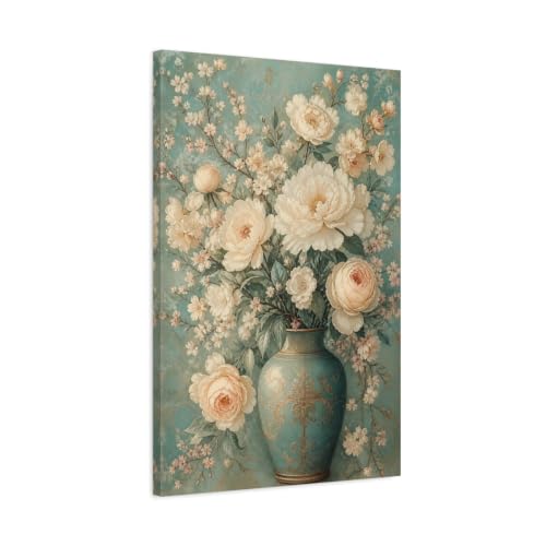 Toile bouquet floral bleu canard déco salon vintage au-dessus console 50x75