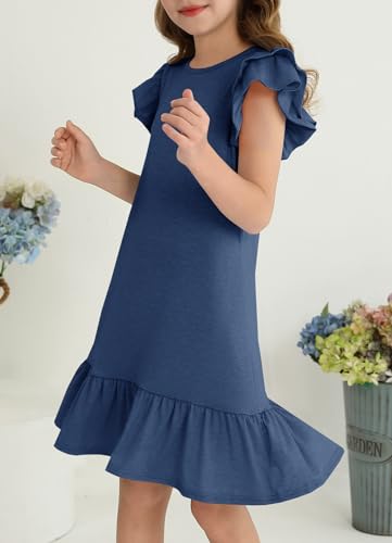 YOVION Girls Summer Dresses Boho Ruffle Sleeve Tiered Swing Casual Dress with Pockets for 6-12 Y4