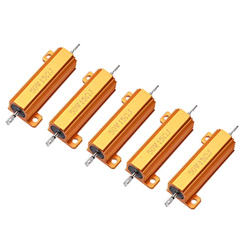 HLin 5Pcs 50W 15 OHM Aluminum Housed Wire Wound Resistor Gold Tone