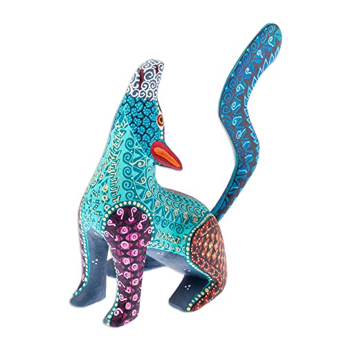 Novica Wood Alebrije Figurine Howling Coyote Multicolored With Geometric Motifs 3.9In H X 1.7In W X 4.9In D Mexico Sculpture Folk Art #TOP3