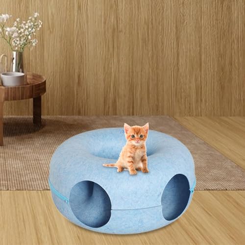 Tunnel chat donut bleu avec lit interactif cachette et fond lavable - 5