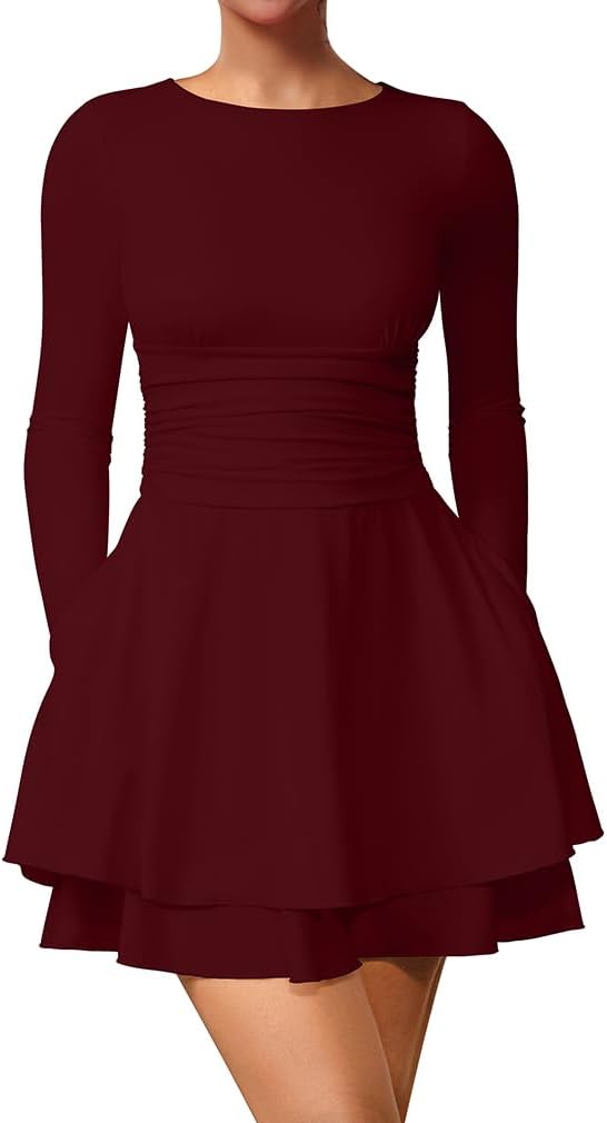 XXTAXN Women's Sexy Crew Neck Long Sleeeve Flowy Hem Cocktail Club Corset Mini Dress with Side Pocket