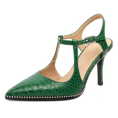 Image of SAMMITOP Womens High Heels Ankle Strap Pointed Toe Stilettos Patent Leather Beaded Pumps Dress Shoes 3.5 Inch