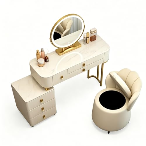 Tocador con espejo y luces, mesa de maquillaje con iluminación LED y tapa de mármol, disposición flexible, Cómoda de maquillaje de madera con 6 cajones y gabinete de almacenamient, blanco(L:80cm)