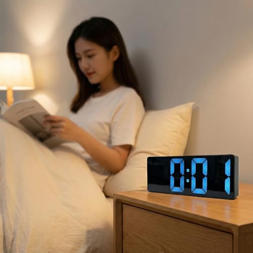WHATOOK LED Digital Alarm Clock with Blue Night Light, Mirror Display, Adjustable Brightness, Silent Desk Clock for Bedroom Office, Battery Powered - Thumbnail 6