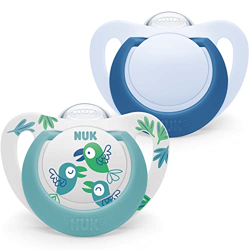 NUK Star Lot de 2 tétines en silicone sans BPA pour bébé de 6 à 18 mois Motif oiseaux bleus