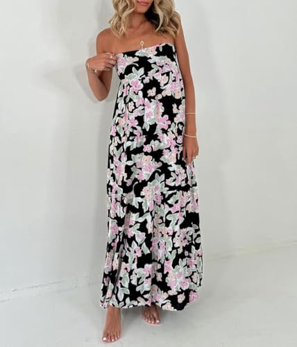 Image of Women Floral Print Maxi Tube Dress Strapless Flowy Long Bandeau Dress Y2K Open Back Sundress Summer Beachwear