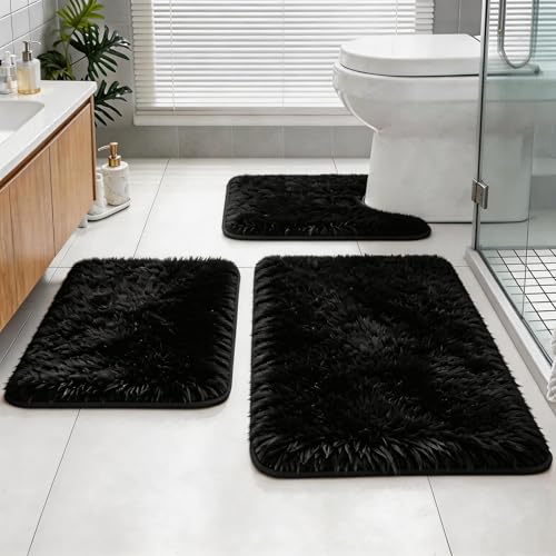 Bathroom Rugs Set Plush Velvet Bath Rugs Non-Slip Shaggy Bath Mat Set 3 Piece Washable Mats Absorbent Shaggy Rugs Super Soft U-Shaped Toilet Rug Bahroom Carpets for Bathroom Tub Shower Black