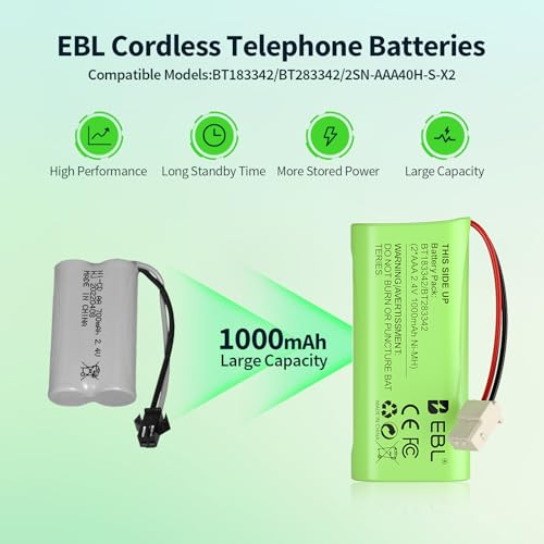 image for EBL BT183342/BT283342 2.4V 1000mAh Ni-MH Battery, Compatible with AT&T