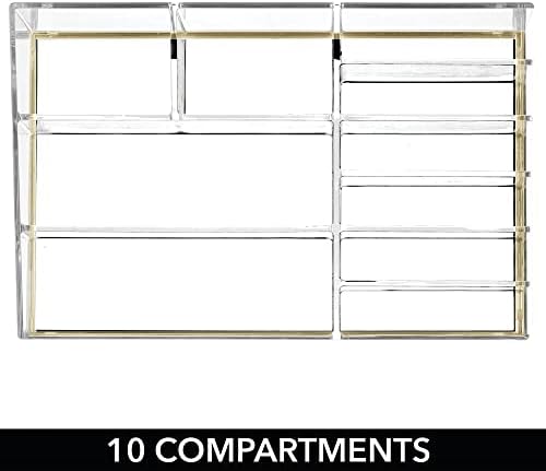 mDesign Makeup Organiser  Plastic Cosmetic Organiser with 10 Compartments  Makeup Storage for Bathrooms, Bedrooms and Dressing Tables  Clear/Gold