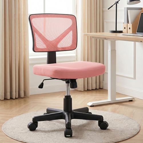 Image of OLIXIS Armless Office Chair, Ergonomic Desk Chair with Wheels, Mesh Back, Removable Washable Foam Cushion, Height Adjustable Rolling Swivel Chairs for Small Space, Home, Office, Pink