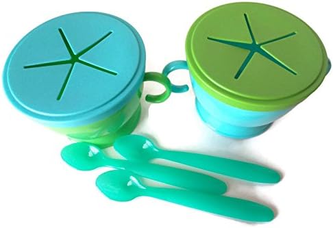 Snack Pod, Snack Cup with Lid, Great As On-the-Go Snack & Cereal Dispenser, No Spill. 2-Pack Includes Matching Spoon (Blue/Green)