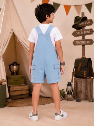 Image of KiddoPanti Unisex Denim Cargo Dungaree Shorts | 69.1% Cotton 29% Spun Poly 1.9% Spandex | Above Knee Length | Soft Breathable Summer Dungaree