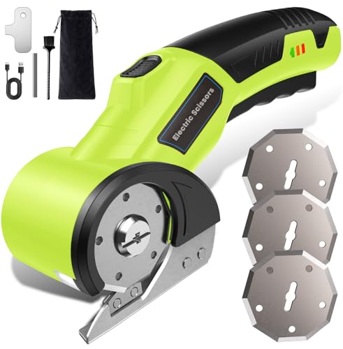Image of Cordless Cardboard Cutter with 3 Tungsten Steel Blades, 2500mAh Battery, LED Light, High-Torque Motor, Electric Scissors for Fabric, Cardboard, Leather, Carpet, Rechargeable Cutting Tool (Green)