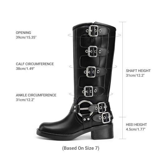 DREAM PAIRS Women's Knee High Riding Boots Side Zipper Motorcycle Boots Square Toe Chunky Heel Fashion Buckles Biker Boots,Size 8,Black-1,SDKB2416W