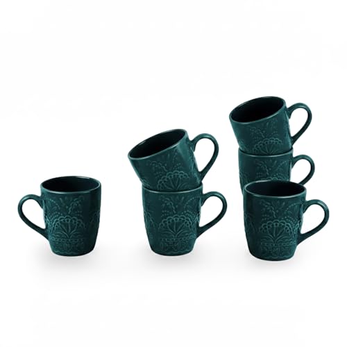 Image of ExclusiveLane 'Teal Forest' Ceramic Coffee Mugs Set of 6 (Set of 6, Each Mug : 180 ml, Microwave & Dishwasher Safe, Hand-Glazed) | Ceramic Mugs for Coffee Cup Tea Mug & Cup Mugs for Milk