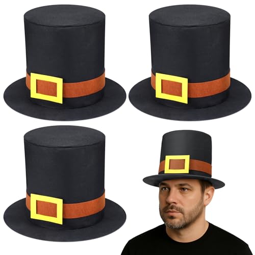 Chicingyou 4 Pcs Pilgrim Hat Halloween Costume Accessories Thanksgiving Felt Novelty Top Caps 64cm for Adults Halloween Party Cosplay