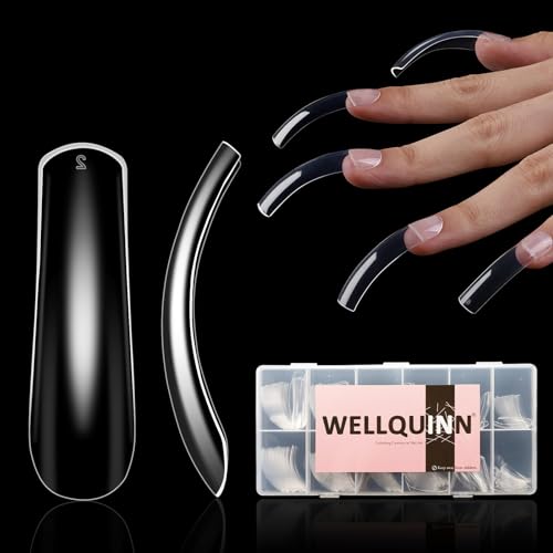 Wellquinn Curved Square Nail Tips Press on Full Cover Nails Extra Curve Clear XXL Square Nail Tips Long XL Acrylic Fake Nails Extension French False Nail 12 Sizes 240pcs