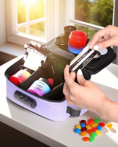 Carbon Lined Bag with Combination Lock, Airtight Glass Jar & UV Protection Glass, Moisture-Proof Travel Organizer for Coffee, Tea, Large Capacity Storage Case (Purple)4